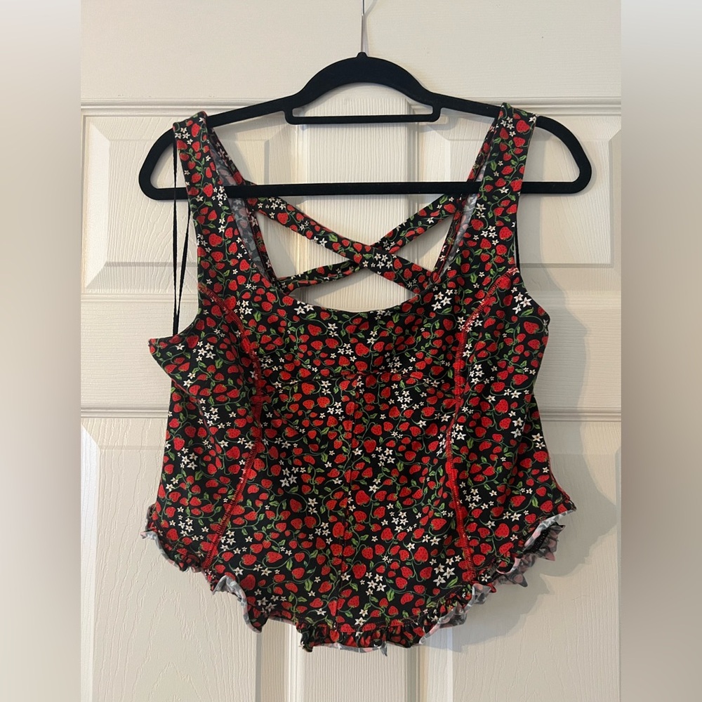 Free People Black Strawberry Print Cropped Tank